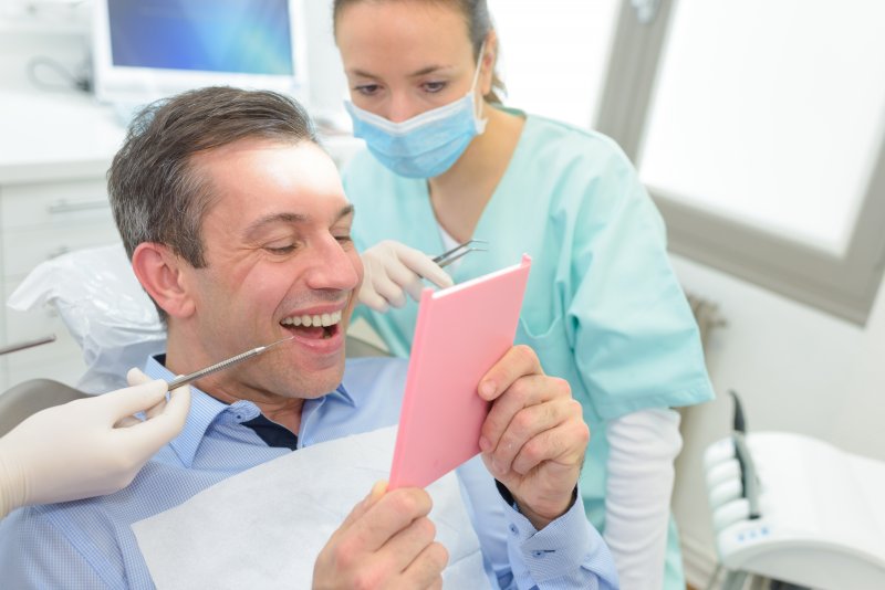 Man looking in mirror at dental bridge